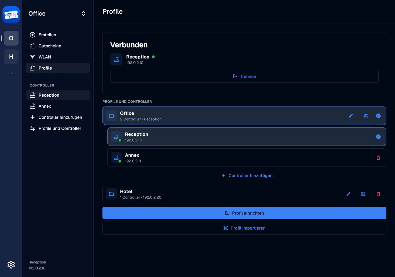 Profiles and controllers · desktop · de · dark