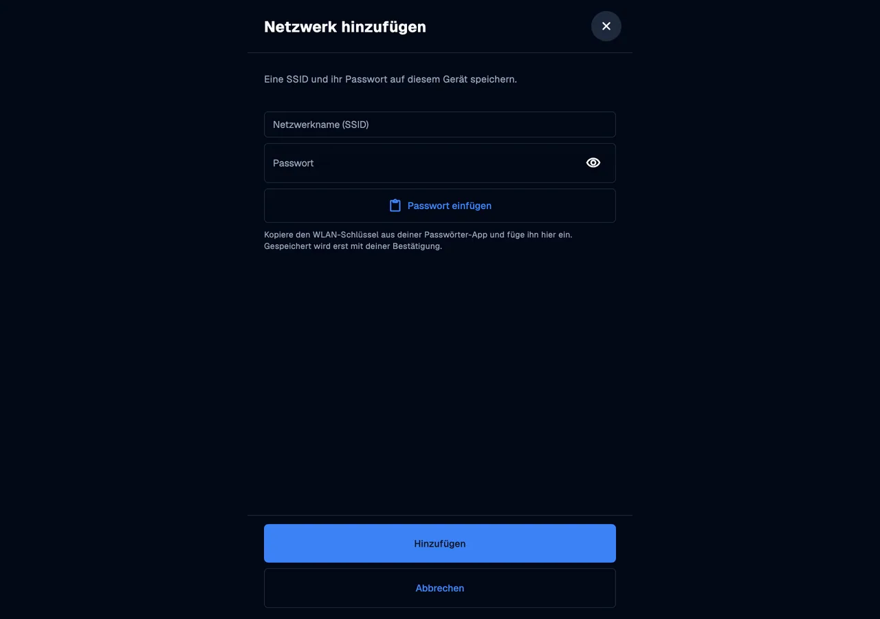 Add a WiFi network · desktop · de · dark