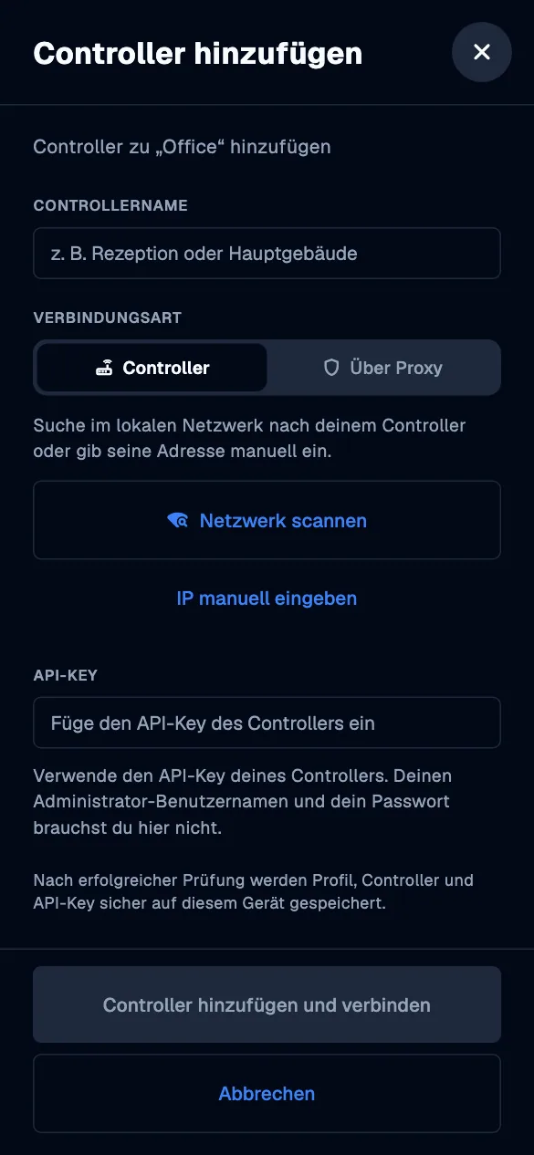 Add another controller · mobile · de · dark