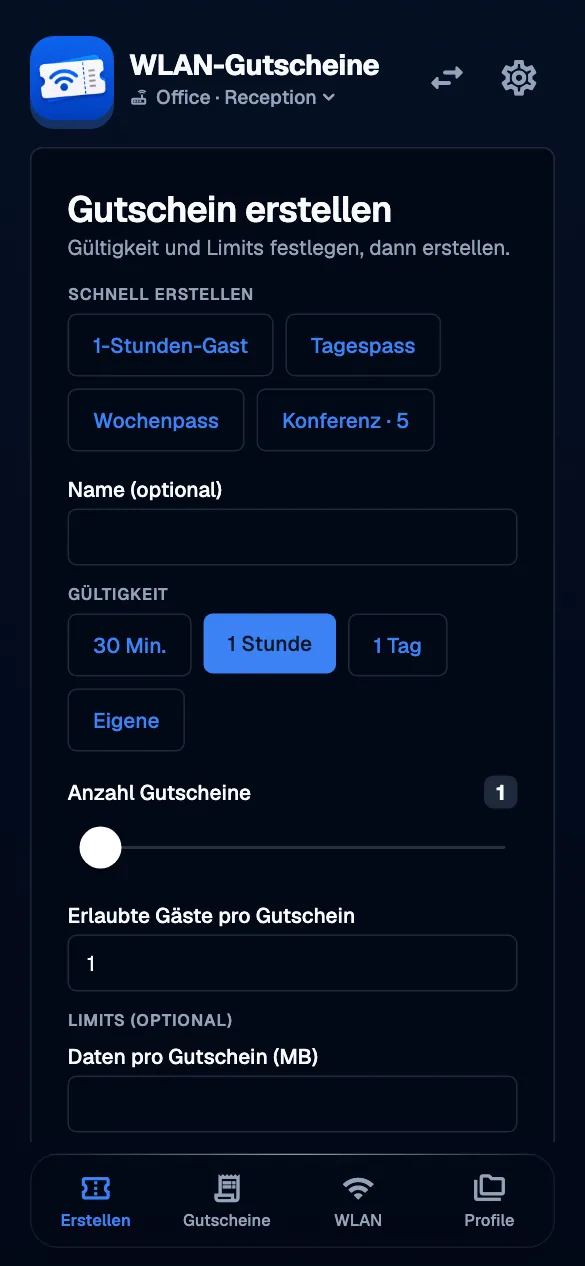 Create a voucher · mobile · de · dark