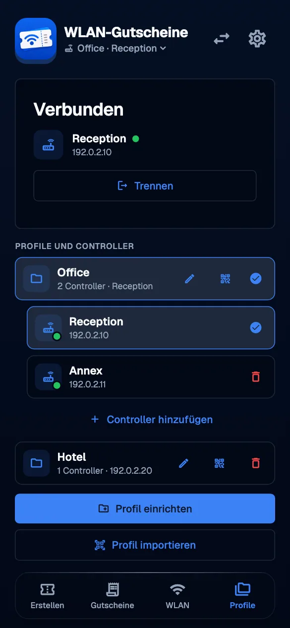 Profiles and controllers · mobile · de · dark