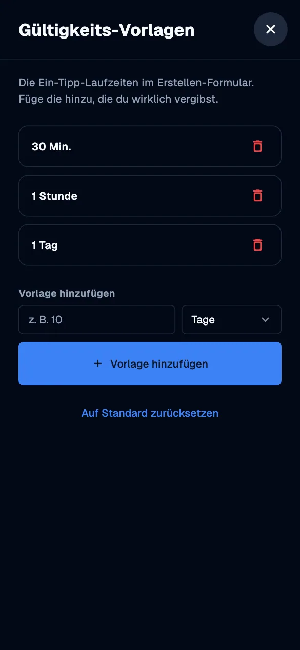 Validity presets · mobile · de · dark