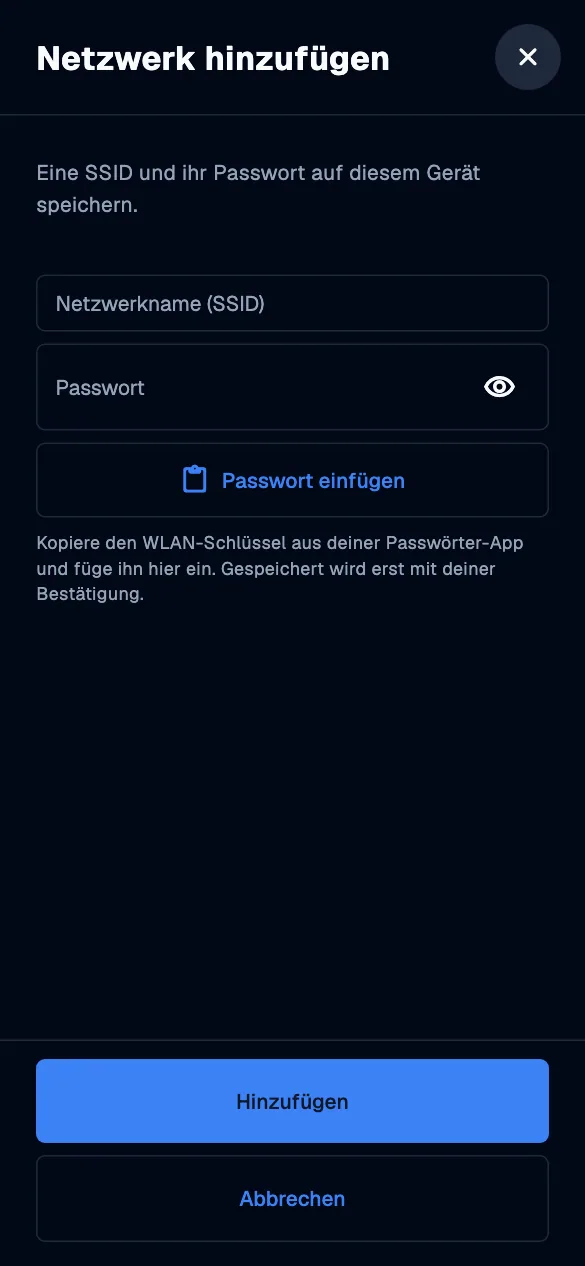 Add a WiFi network · mobile · de · dark
