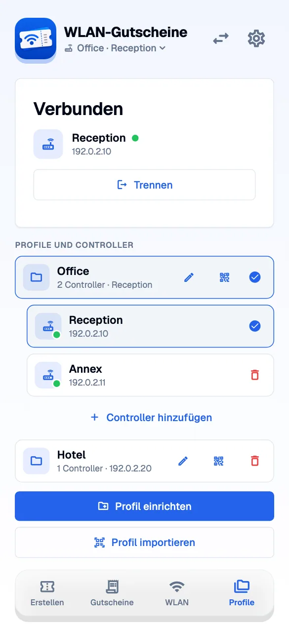 Profiles and controllers · mobile · de · light