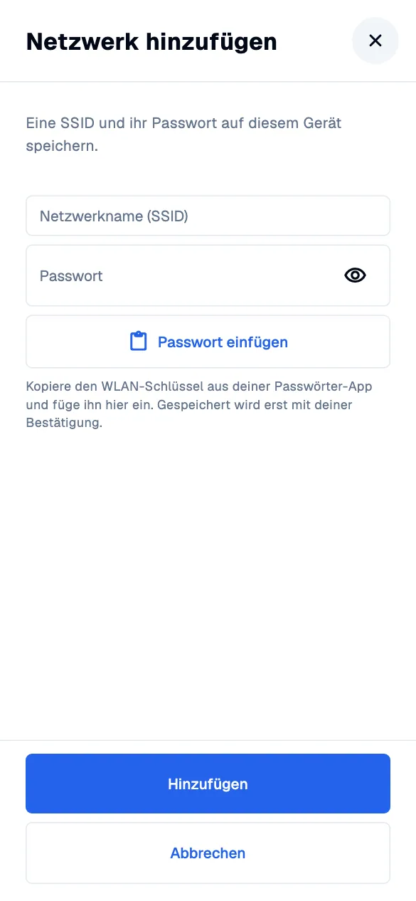 Add a WiFi network · mobile · de · light