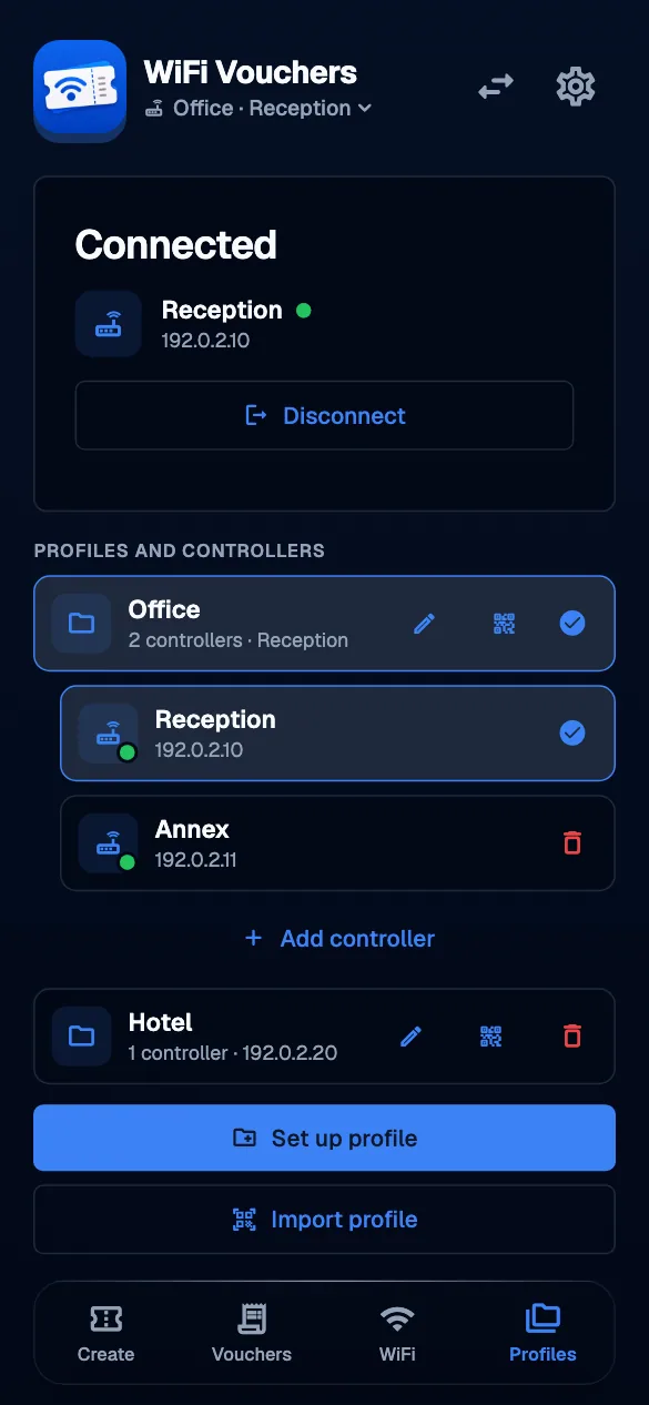 Profiles and controllers · mobile · en · dark