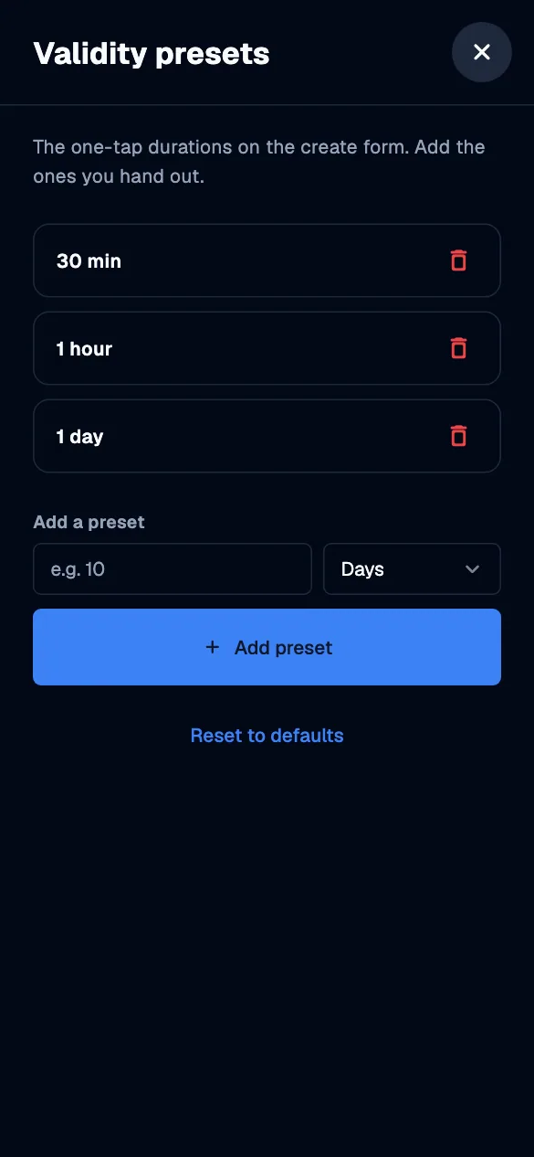 Validity presets · mobile · en · dark