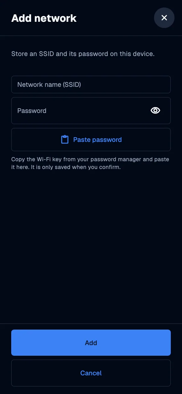 Add a WiFi network · mobile · en · dark