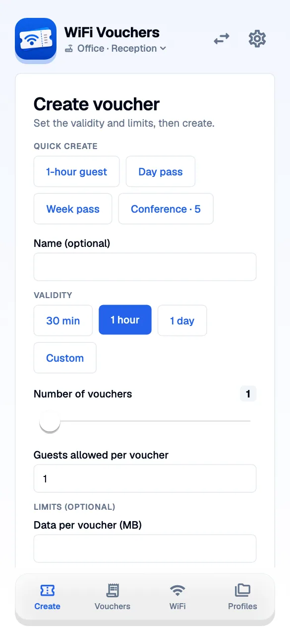 The voucher form with a selected guest network, validity and a create button